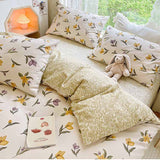 Simple Style Yellow and Purple Flowers Khaki Bedding Set Washable 60s Cotton Duvet Cover Bedding Set