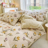 Simple Style Yellow and Purple Flowers Khaki Bedding Set Washable 60s Cotton Duvet Cover Bedding Set