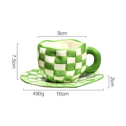 Nordic ins style hand-kneaded checkerboard ceramic coffee cup saucer black and white grid hand-painted afternoon tea cup