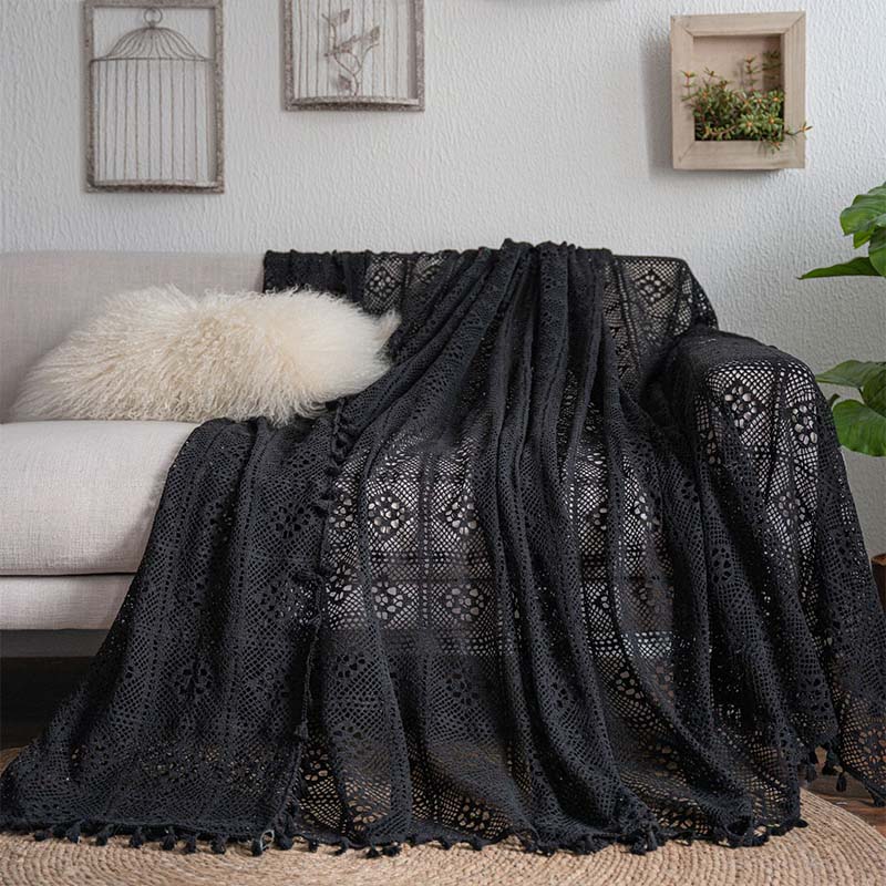 Black Hollow-Out Tassel Sofa Protector