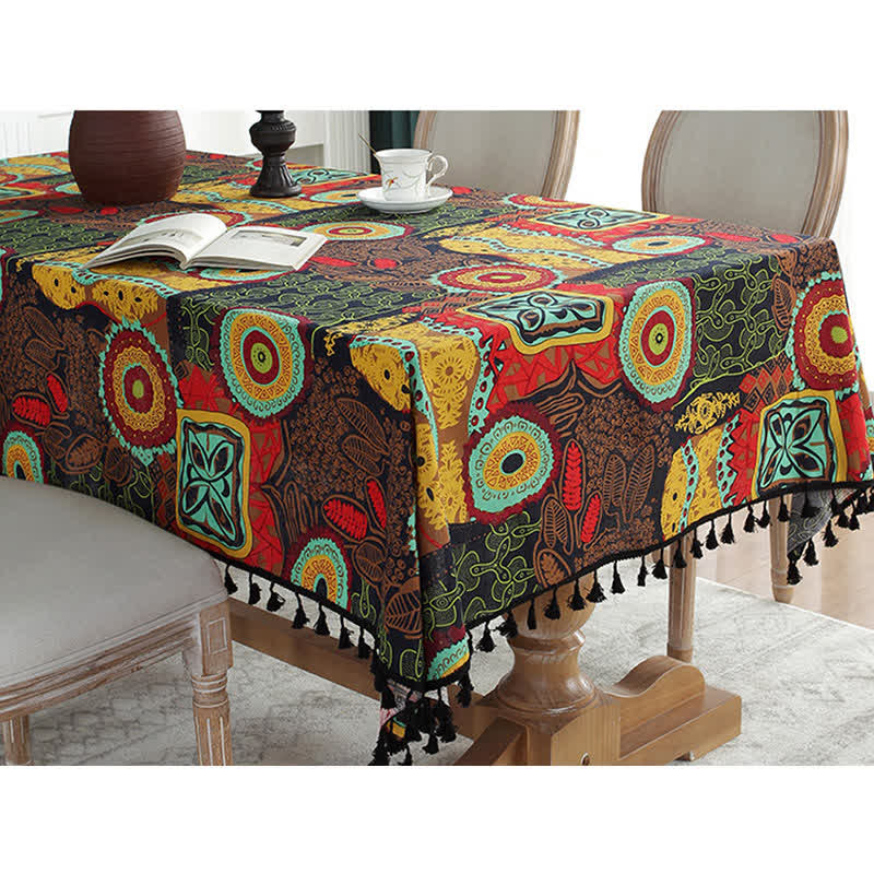 Abstract Pattern Black Tassel Tablecloth