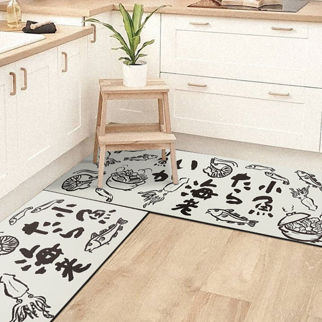 Black and White Sea Food Kitchen Mat