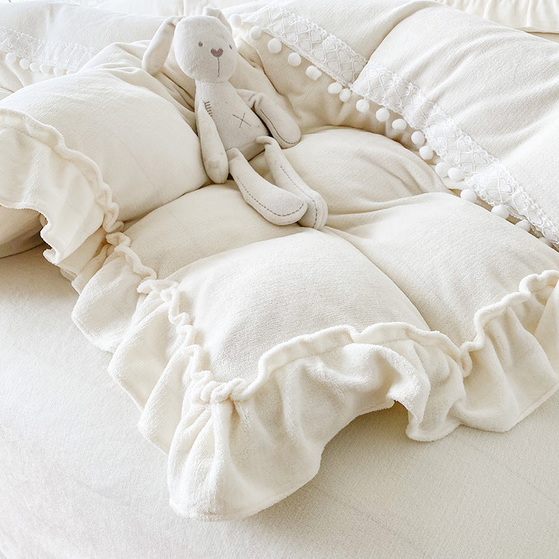 Thicken White Poly Milk Cashmere Flannel Duvet Cover Bedding Set