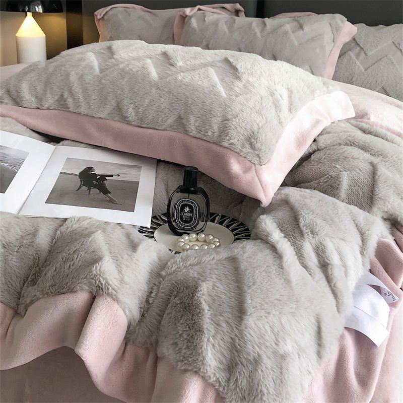 Poly Rabbit Wool Milk Cashmere Flannel Duvet Cover Bedding Set