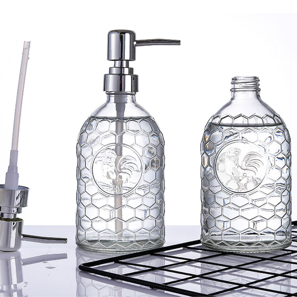 Clear Glass Soap Dispenser, Rooster Pump Bottle for Bathroom and Kitchen, 17.6 Oz/500ml