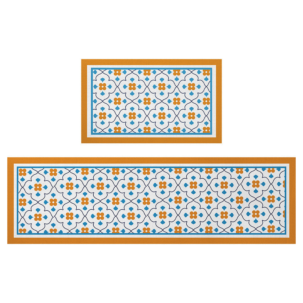 Feblilac Orange and Blue Flower Geometric Pattern PVC Leather Kitchen Mat