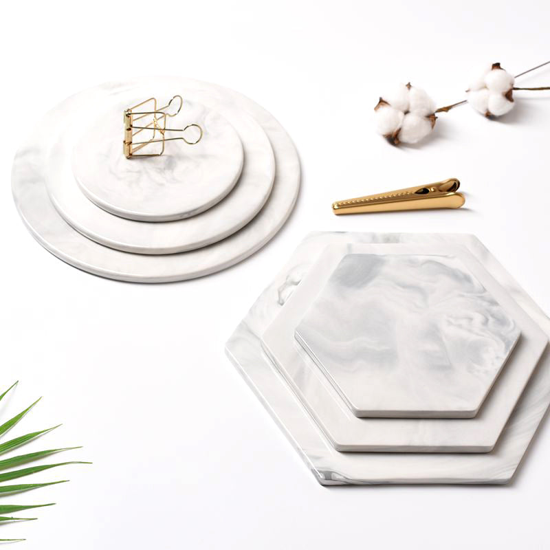 Nordic Style Marbled Pattern Hexagon and Round Ceramic Tray, Service Plate, Jewelry Tray, Decoration Tray