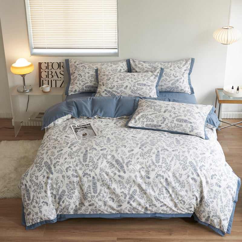 Autumn/Winter Blue leaves Floral Class A Washable Double Yarn Cotton/Linen Duvet Cover Four-Piece Bedding Set