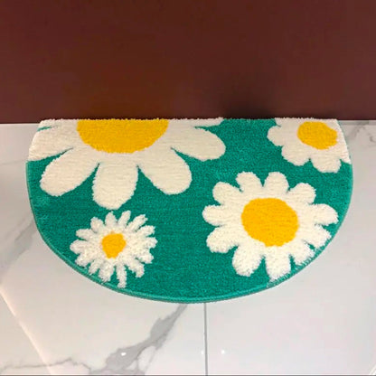 Green Semicircle Daisy Bathroom Mat, White Flower Bath Rug, Nature Bathroom Decor, Soft Water-Absorbent Mat for Bath Shower