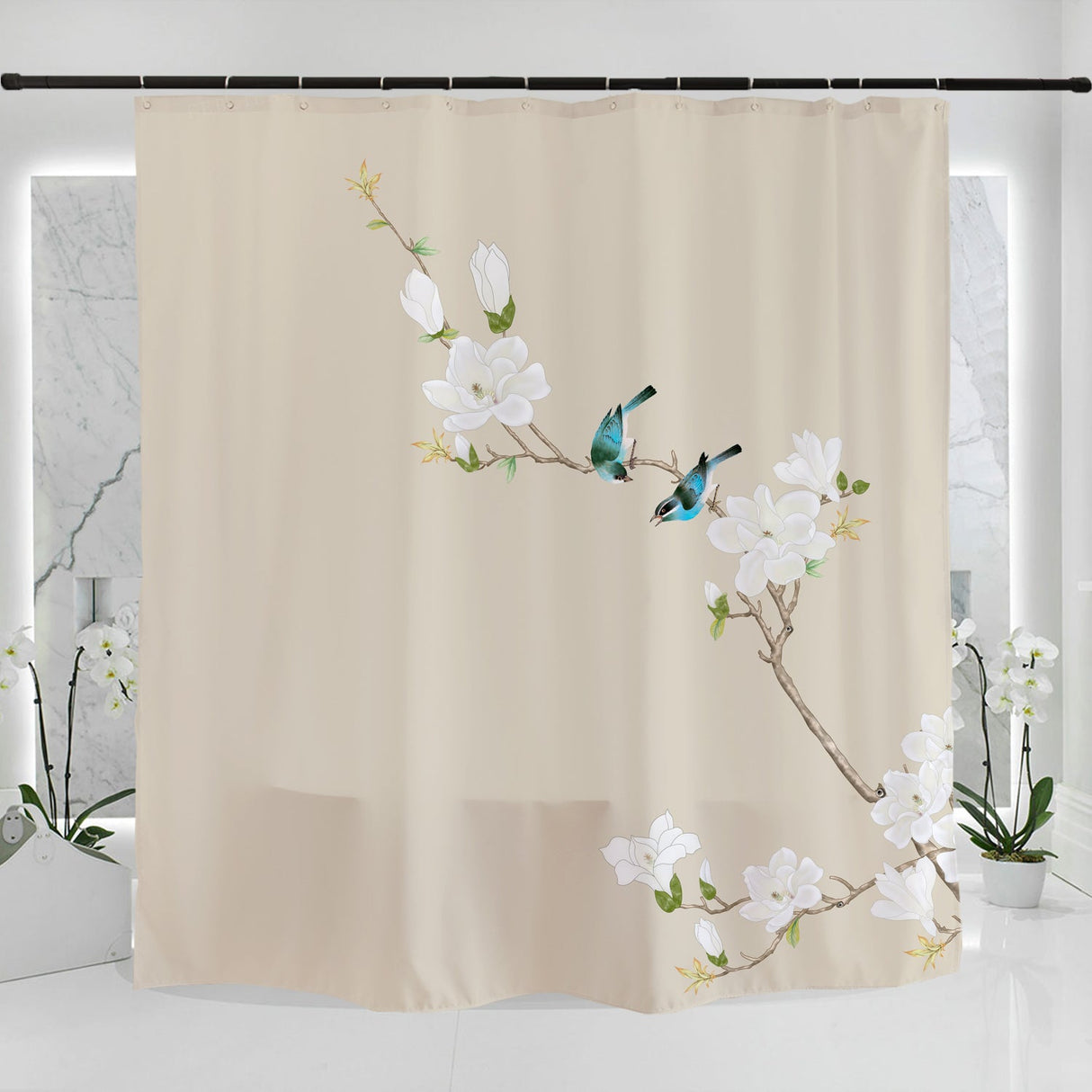 Two Birds and White Flowers Shower Curtain