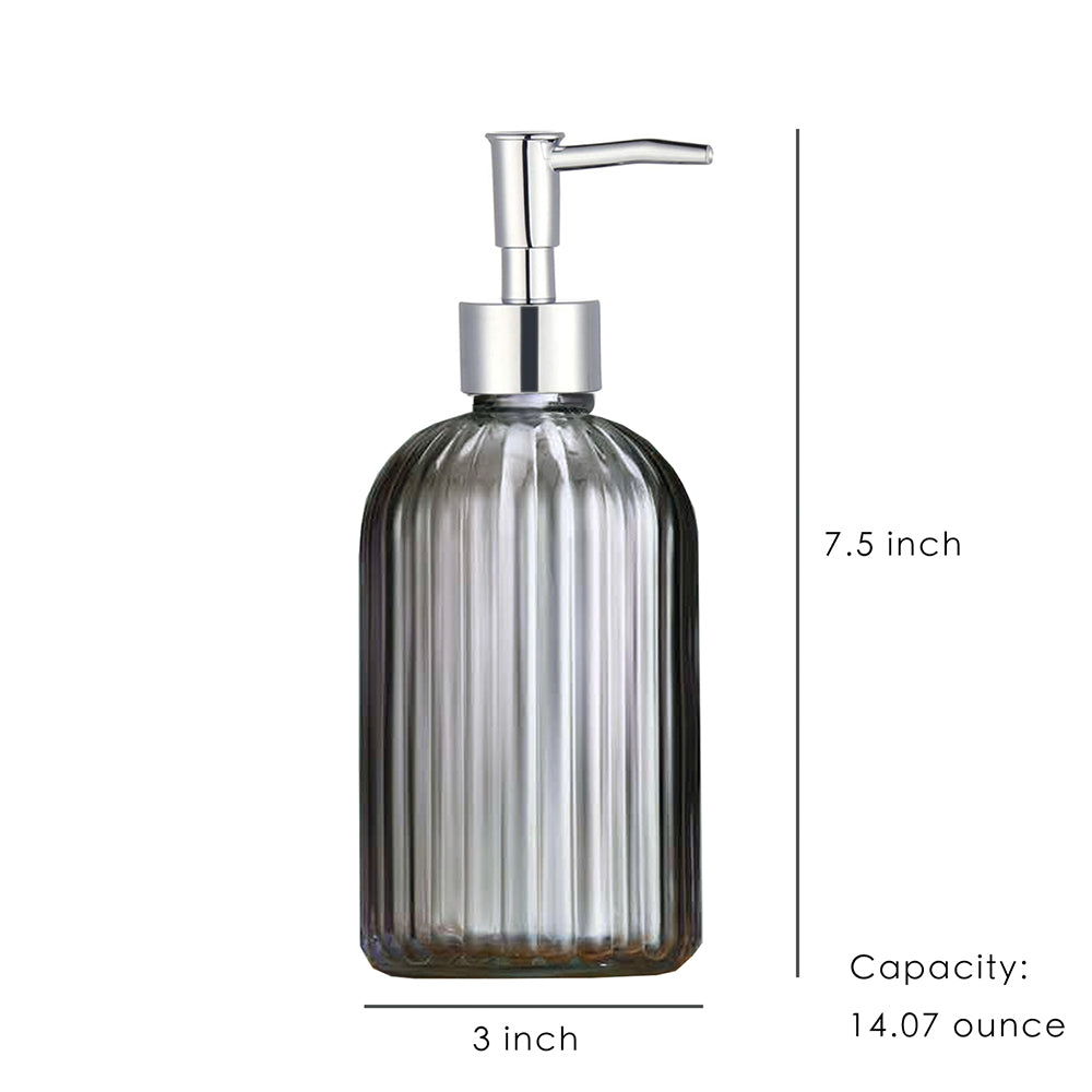 Gray Glass Soap Dispenser, Simple Lines Pump Bottle, 420ml/14.07 oz