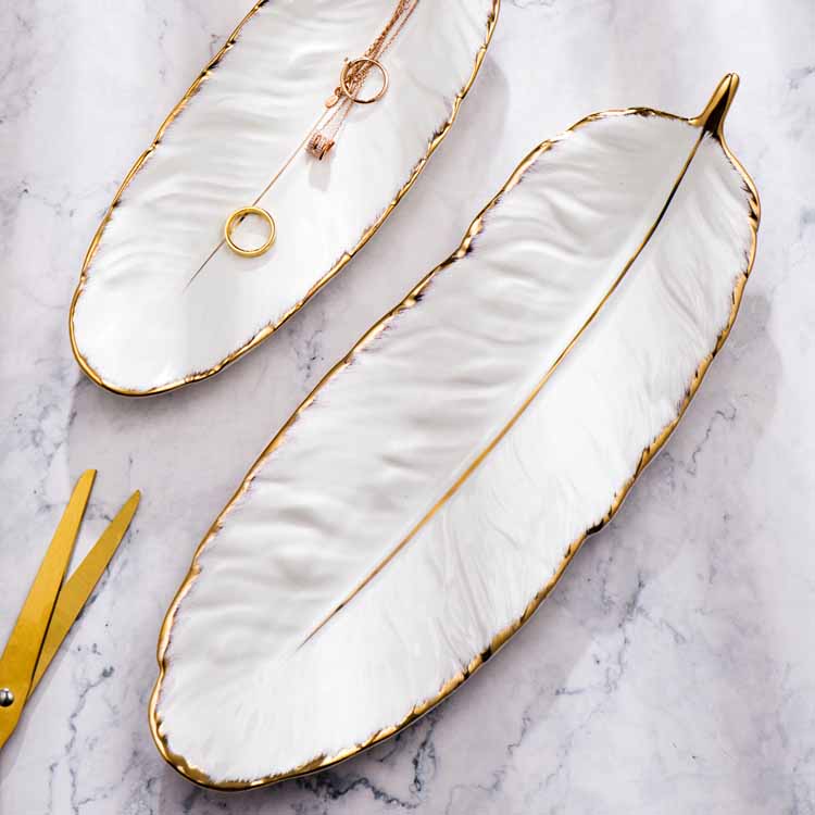 Nordic Style White Feather Plate Vintage Jewelry Gold Trim Ceramic Tray, Decoration Tray