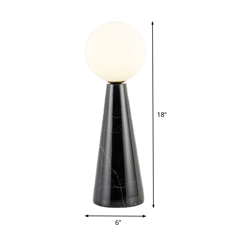 Milk Glass Ball Desk Light Modern 1 Bulb Table Lamp with Tapered Black/White Marble Base