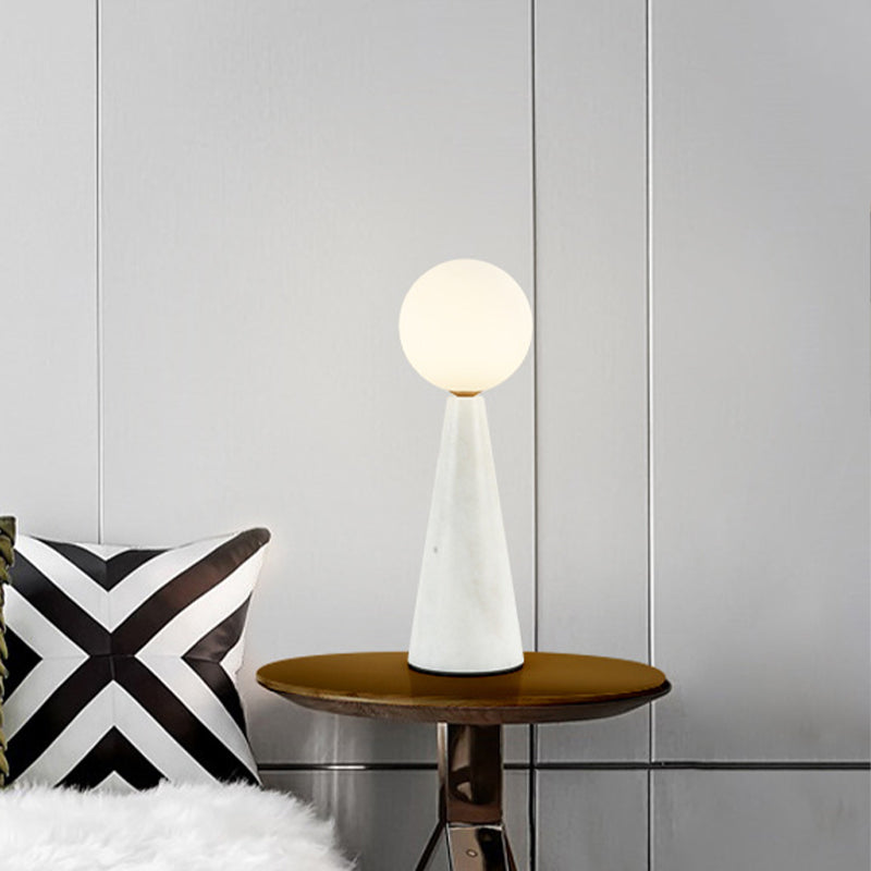 Milk Glass Ball Desk Light Modern 1 Bulb Table Lamp with Tapered Black/White Marble Base