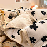 Poly Lovely Black Flowers White Ground Cashmere Flannel Berber Fleece Duvet Cover Bedding Set