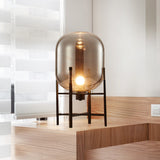 Oval Night Lighting Modern Smoke Gray/Cognac Glass Shade 1-Light Restaurant Nightstand Lamp with Vertical Metal Base