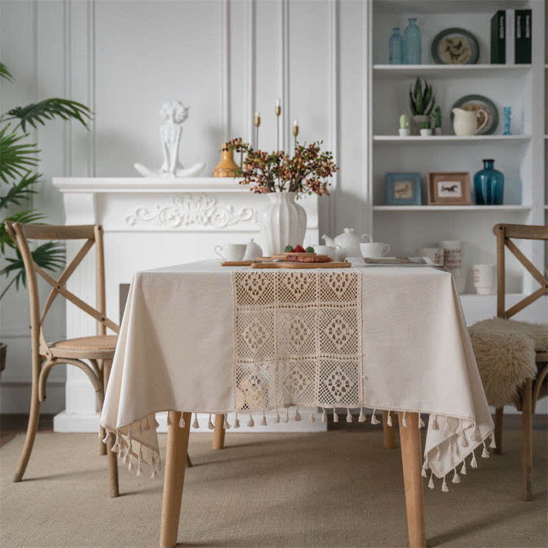 Beige Hollow-Out Stitching Tassel Tablecloth