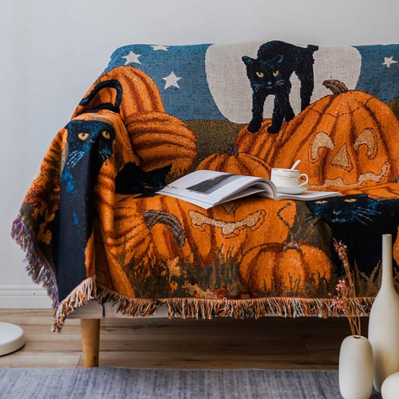 Black Cat Pumpkin Halloween Tassel Blanket