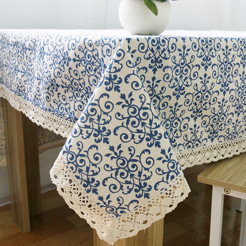 Blue White Lace Brim Table Cover