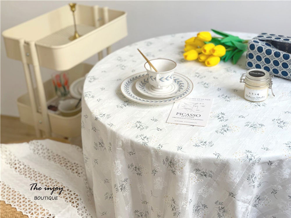 White Blue Cotton Floral Tablecloth
