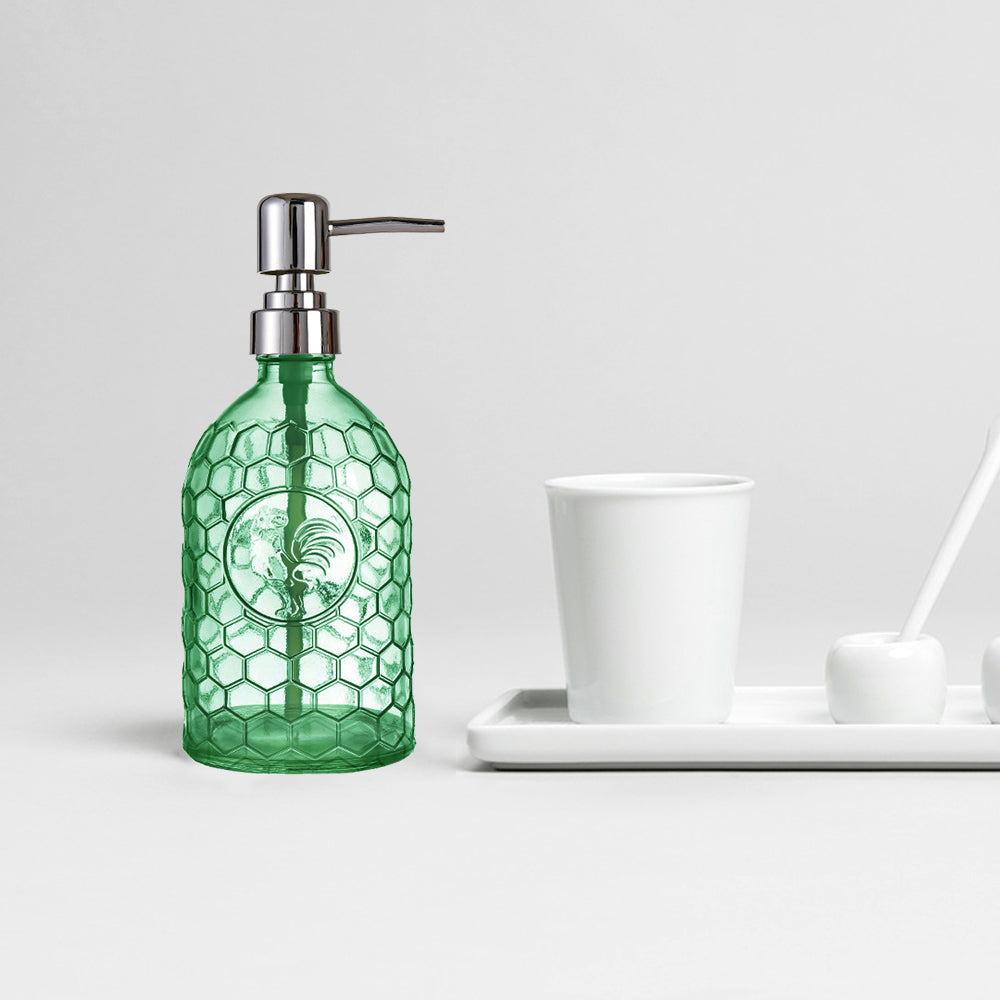 Glass Soap Dispenser, Green Rooster Pump Bottle, 500ml/17.6 oz