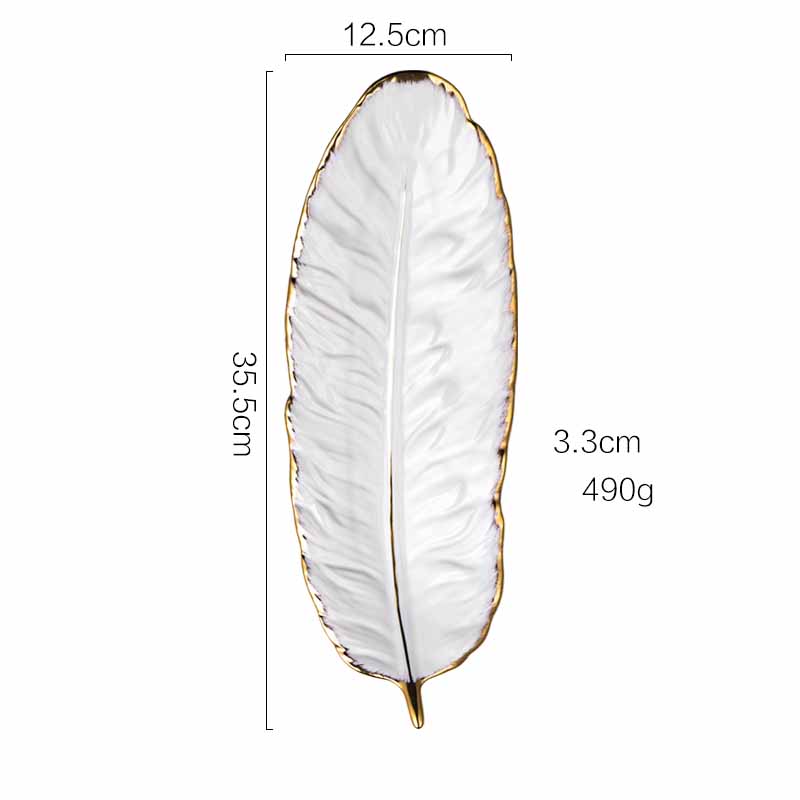 Nordic Style White Feather Plate Vintage Jewelry Gold Trim Ceramic Tray, Decoration Tray