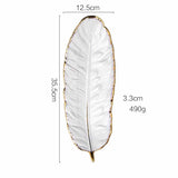 Nordic Style White Feather Plate Vintage Jewelry Gold Trim Ceramic Tray, Decoration Tray