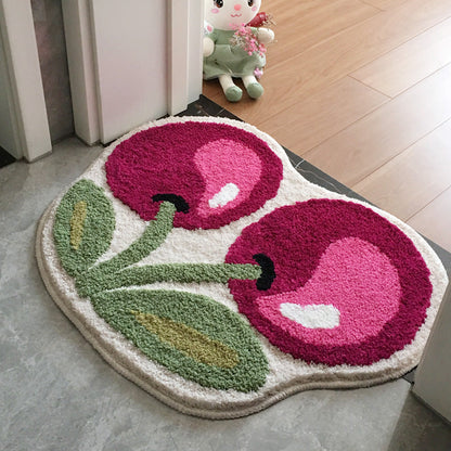 Cute Cherry Bath Mat, Red Fruit Bathroom Rug, Soft Plush Water-Absorbent Mat, Multiple Sized Anti Slip Toilet Mat, Soft Thick Bathroom Carpet, Art Bathroom Mats, Best Bath Rugs, Tufting Art Rug for Bathroom Toilet Bathtub