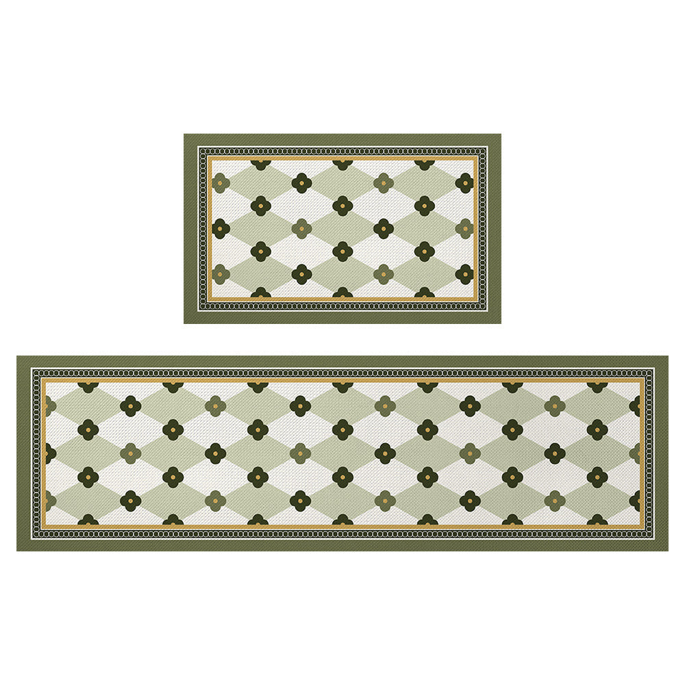 Feblilac Jasper Darker Green Flower Geometric Pattern PVC Leather Kitchen Mat