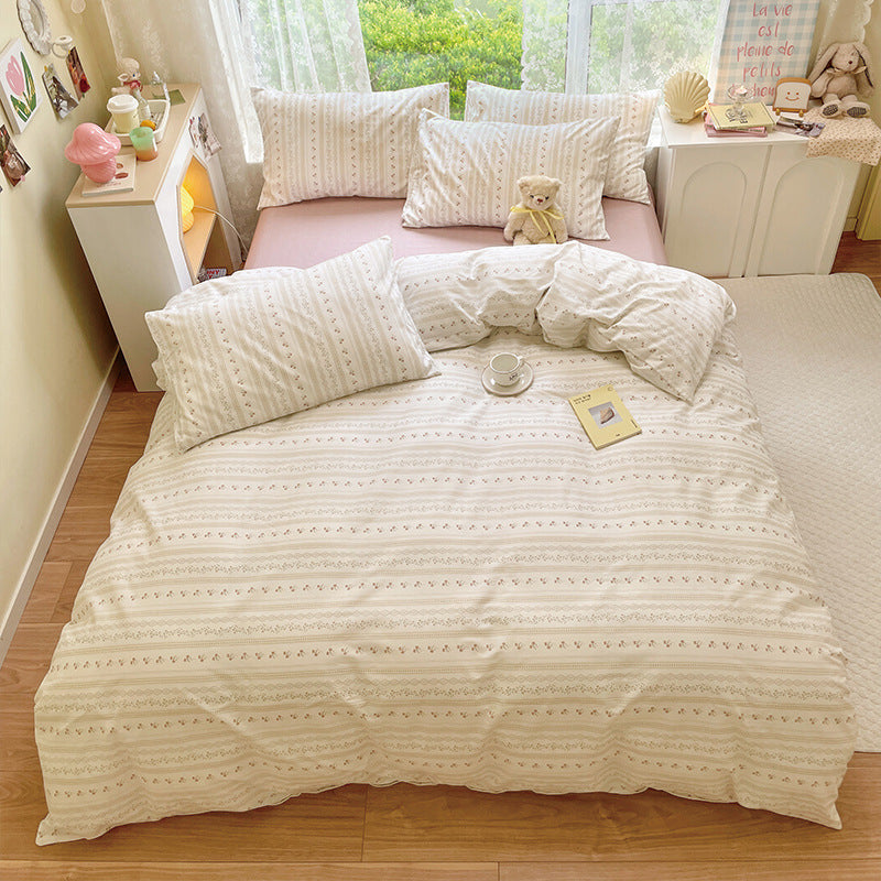 Simple Style Little Flowers Stripe Cream Bedding Set Washable 60s Cotton Duvet Cover Bedding Set