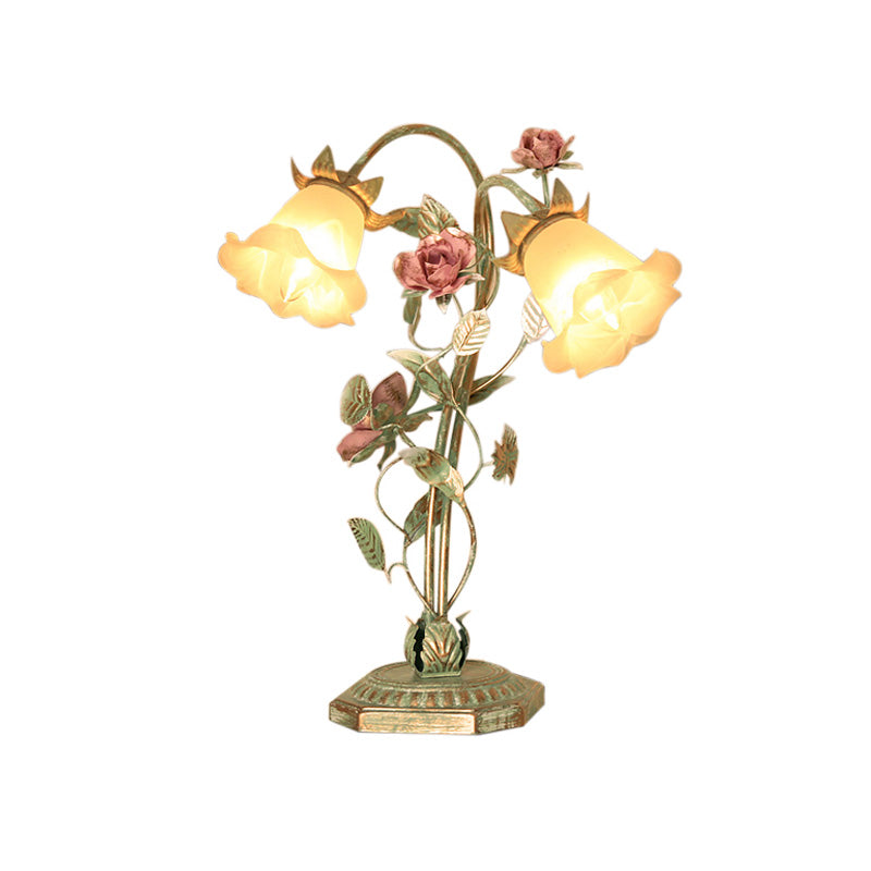 Flared Bedroom Night Table Light Pastoral Metal 1/2 Lights Green Nightstand Lamp with Flower Decoration