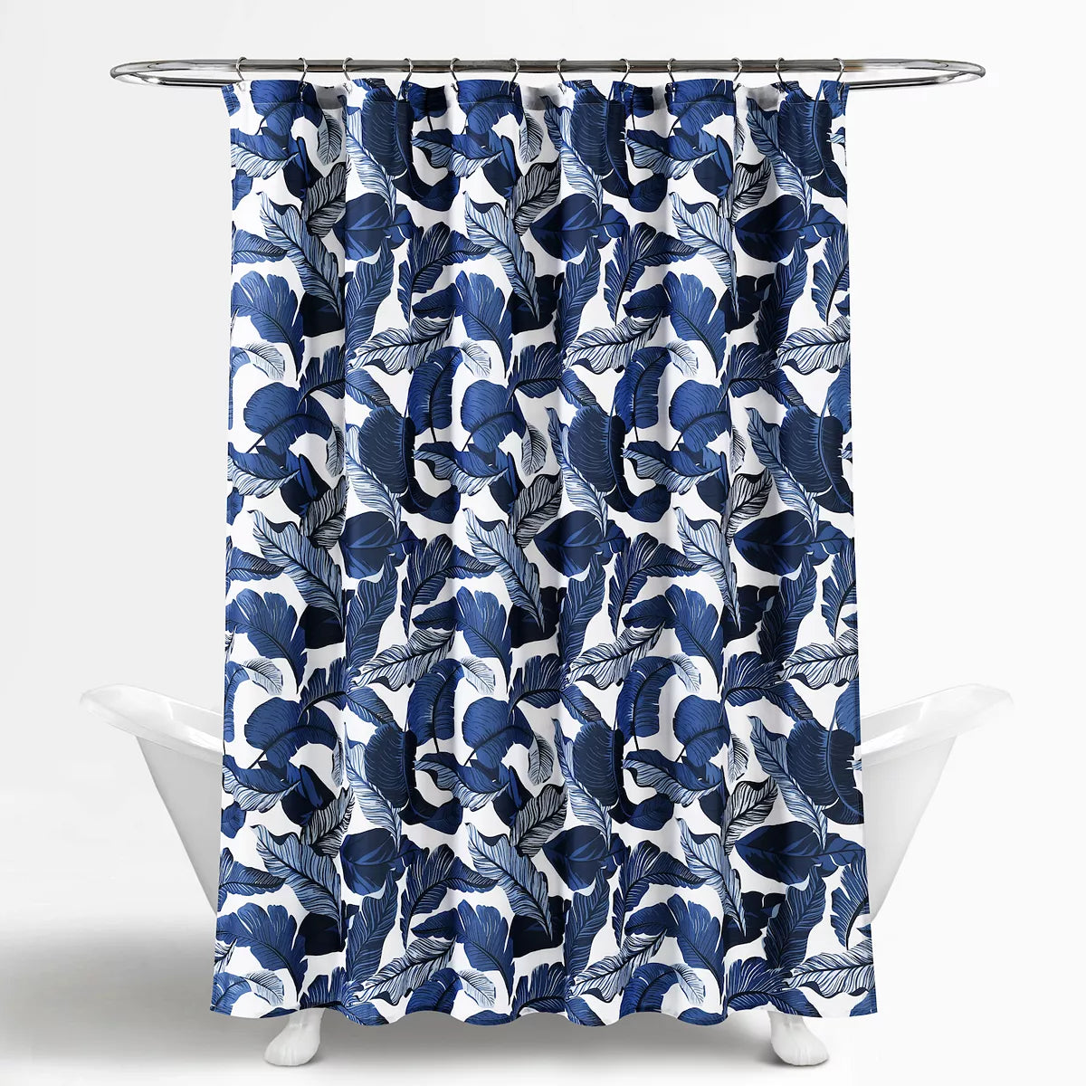 Feblilac Navy Blue Leaves Shower Curtain with Hooks, Geometric Figure Bathroom Curtains with Ring, Unique Bathroom décor, Boho Shower Curtain, Customized Bathroom Curtains, Extra Long Shower Curtain