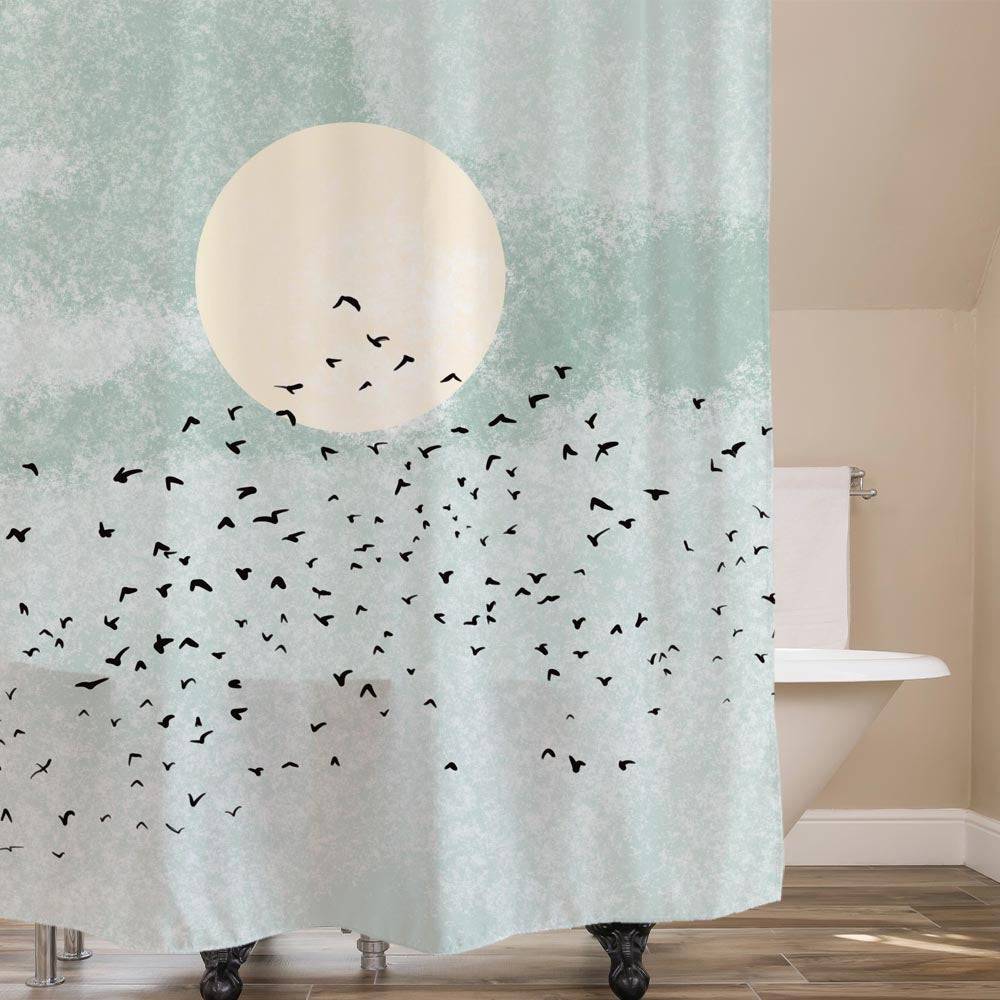 Feblilac Birds and Moon Shower Curtain with Hooks, Bathroom Curtains with Ring, Unique Bathroom décor, Boho Shower Curtain, Customized Bathroom Curtains, Extra Long Shower Curtain