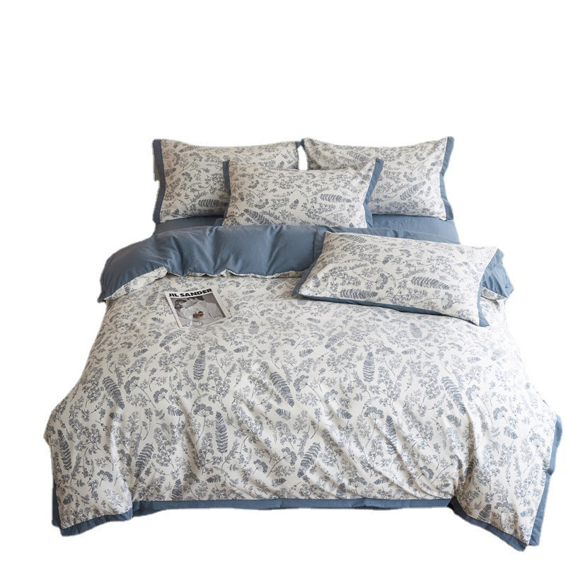 Autumn/Winter Blue leaves Floral Class A Washable Double Yarn Cotton/Linen Duvet Cover Four-Piece Bedding Set