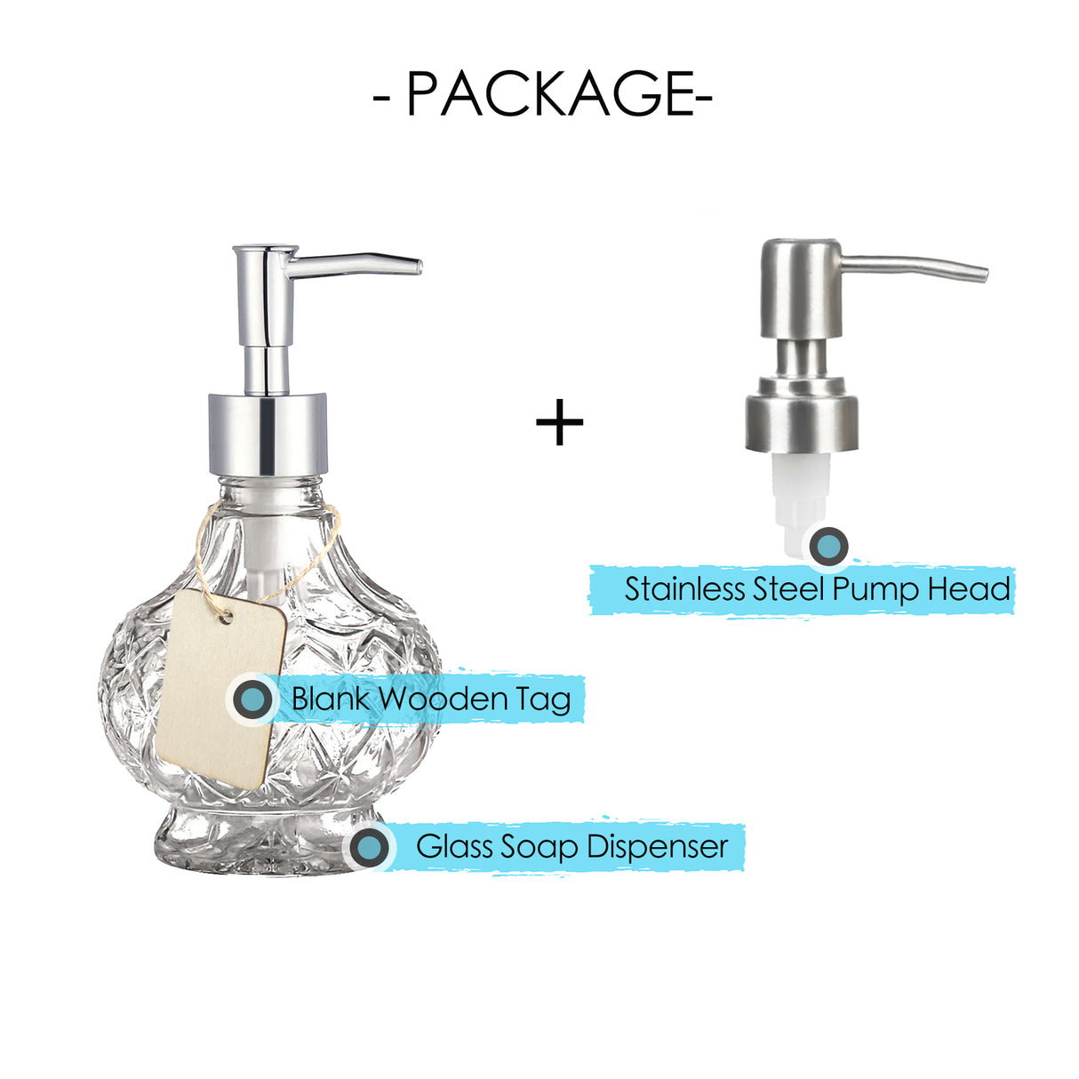 Clear Glass Soap Dispenser, Lantern-Shape Glass Pump Bottle, 7.74oz or 220ml