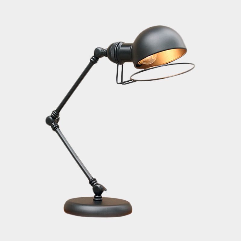 1 Bulb Dome Task Light Industrial Black Finish Metallic Table Lamp with Ring Detail and Swing Arm, 6.5"/8" Width