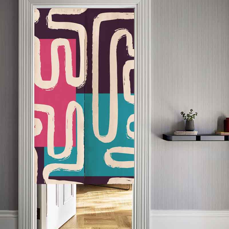 Feblilac Pink Blue Black Ground Zigzag lines Art Door Curtain