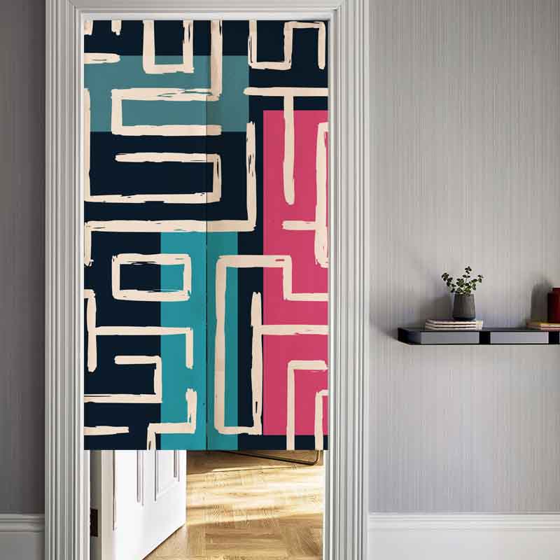 Feblilac Pink Blue Labyrinth Pattern with Black ground Door Curtain