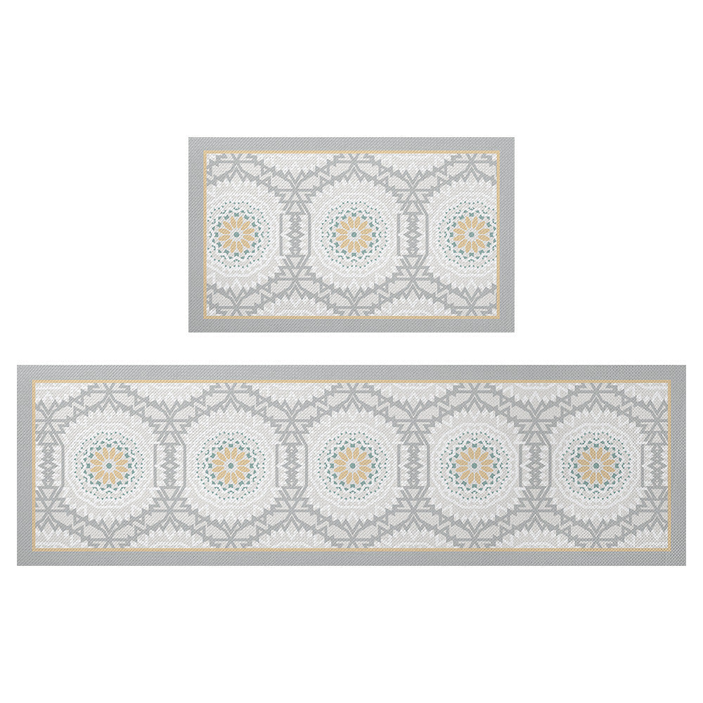 Feblilac Grey Flower Geometric Pattern PVC Leather Kitchen Mat