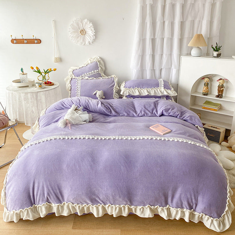 Thicken Purple Poly Milk Cashmere Flannel Duvet Cover Bedding Set