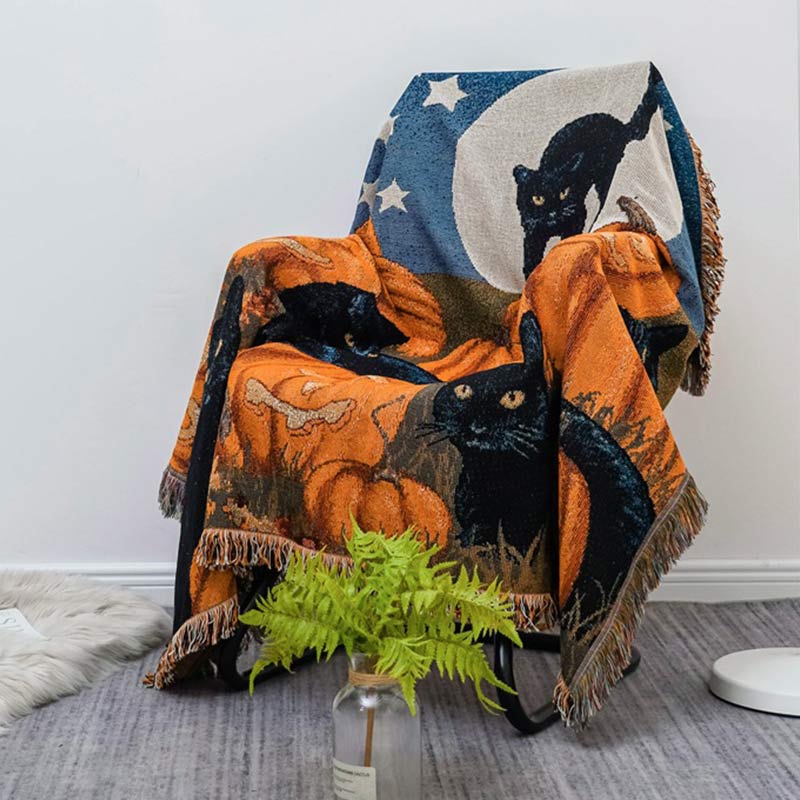Black Cat Pumpkin Halloween Tassel Blanket