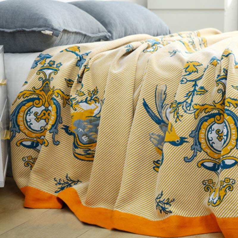 Bird Print Striped Cotton Reversible Quilt