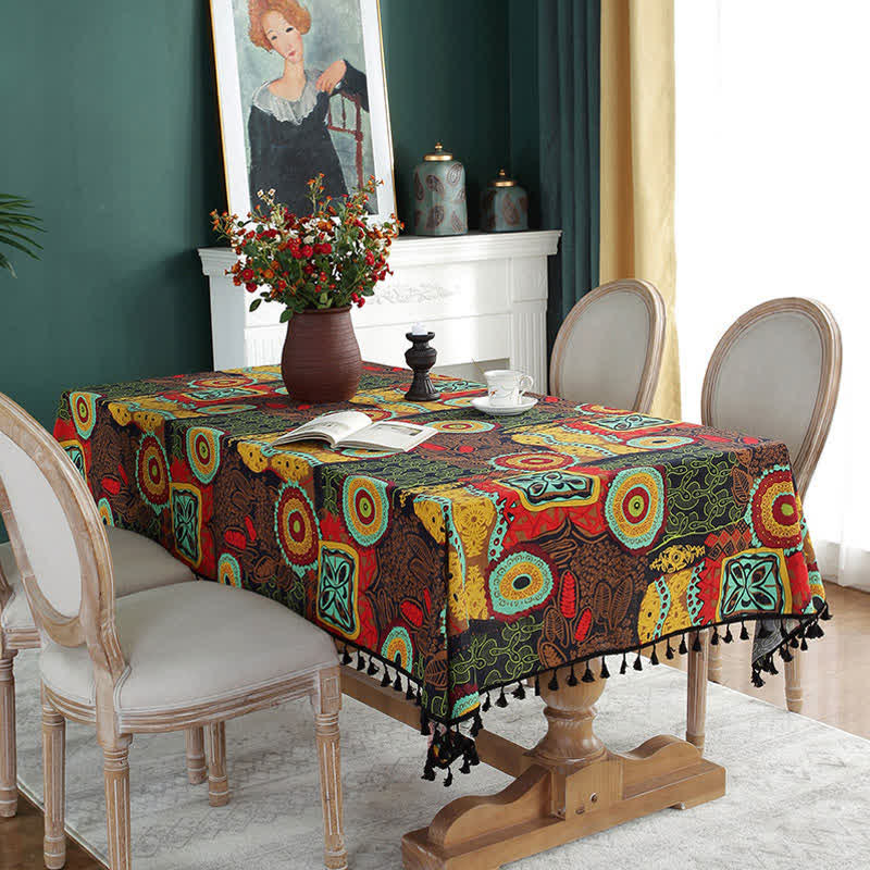 Abstract Pattern Black Tassel Tablecloth