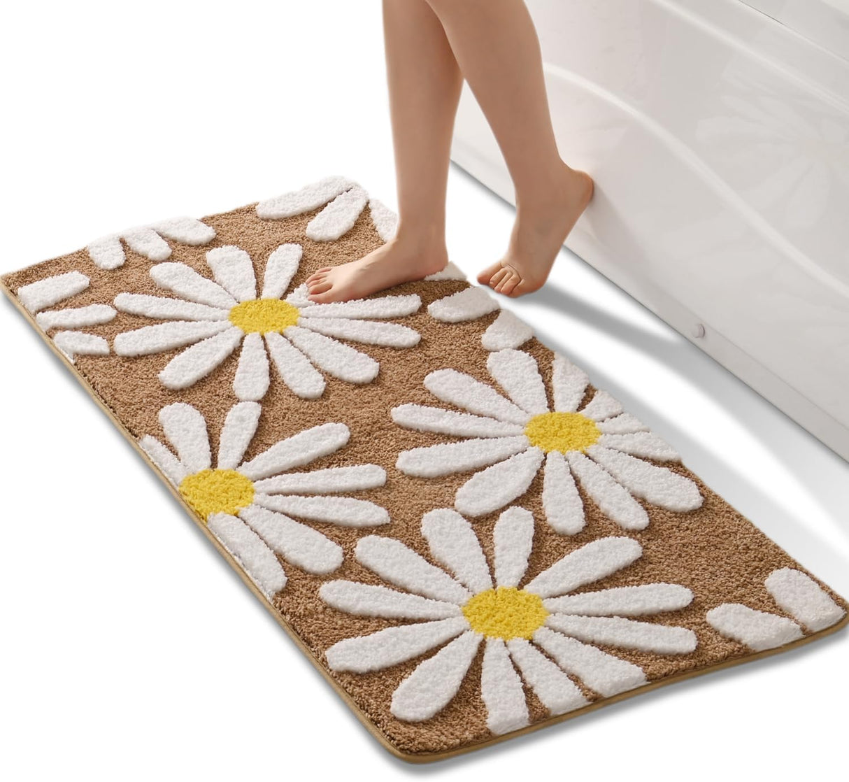 Pink Bathroom Rugs Cute Daisy Bath Mat White and Yellow Flower Decor Rug Non Slip Floor Carpet Microfiber Bathmat Super Absorbent Machine Washable Bahtub Mats for Shower, Tub, Bedroom 16"x 24"