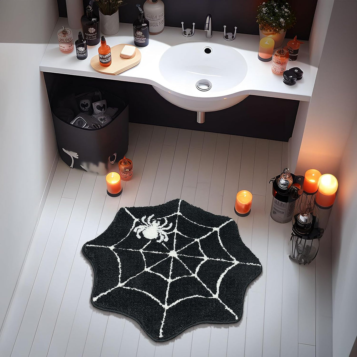 Feblilac Halloween Bathroom Rugs Spider Webs Round Bath Mats Non Slip Black Gothic Bathroom Decor Horror Washable Rugs for Shower Tub Entryway Kitchen 28"x28"