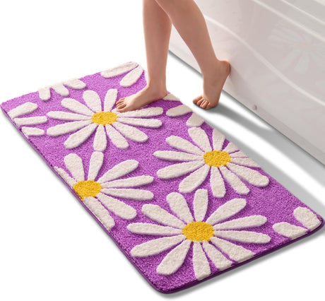 Pink Bathroom Rugs Cute Daisy Bath Mat White and Yellow Flower Decor Rug Non Slip Floor Carpet Microfiber Bathmat Super Absorbent Machine Washable Bahtub Mats for Shower, Tub, Bedroom 16"x 24"