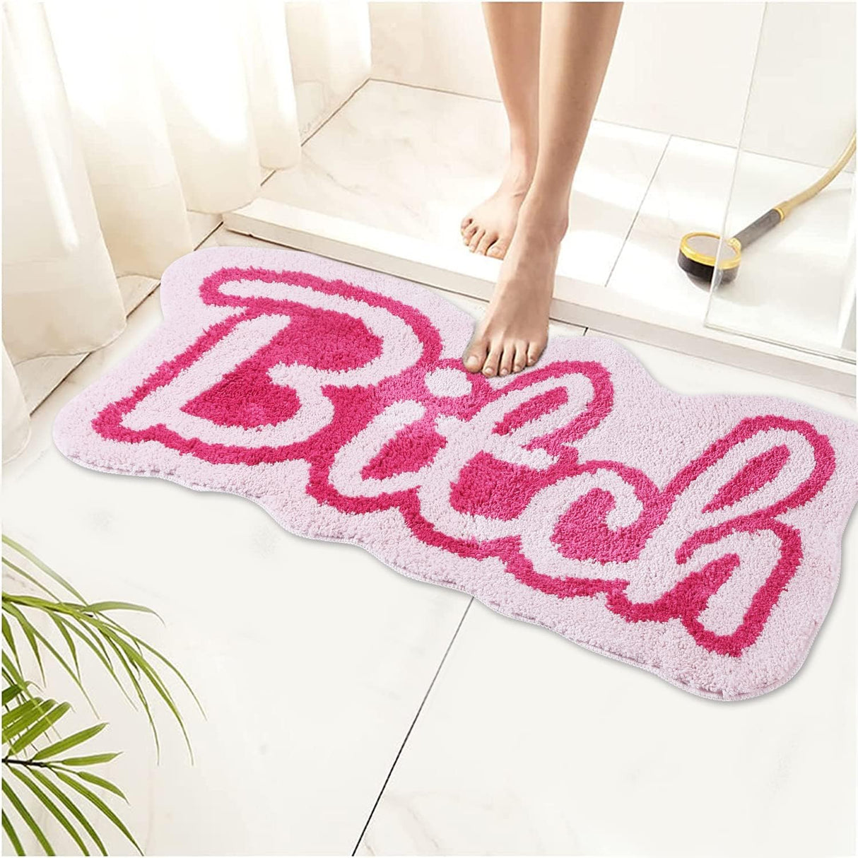 Funny Cute Rugs for Bedroom Bathroom Dorm Kitchen Non Slip Rubber Backed Machine Washable, Swear Words Bitch Funky Cool Rugs Colorful Fluffy Shaggy Bedside Accent Rug 35"x18"(Pink)