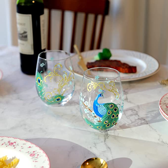 Peacock Stemless Wine Glasses Set （2 PCS tumbler peacock cup）