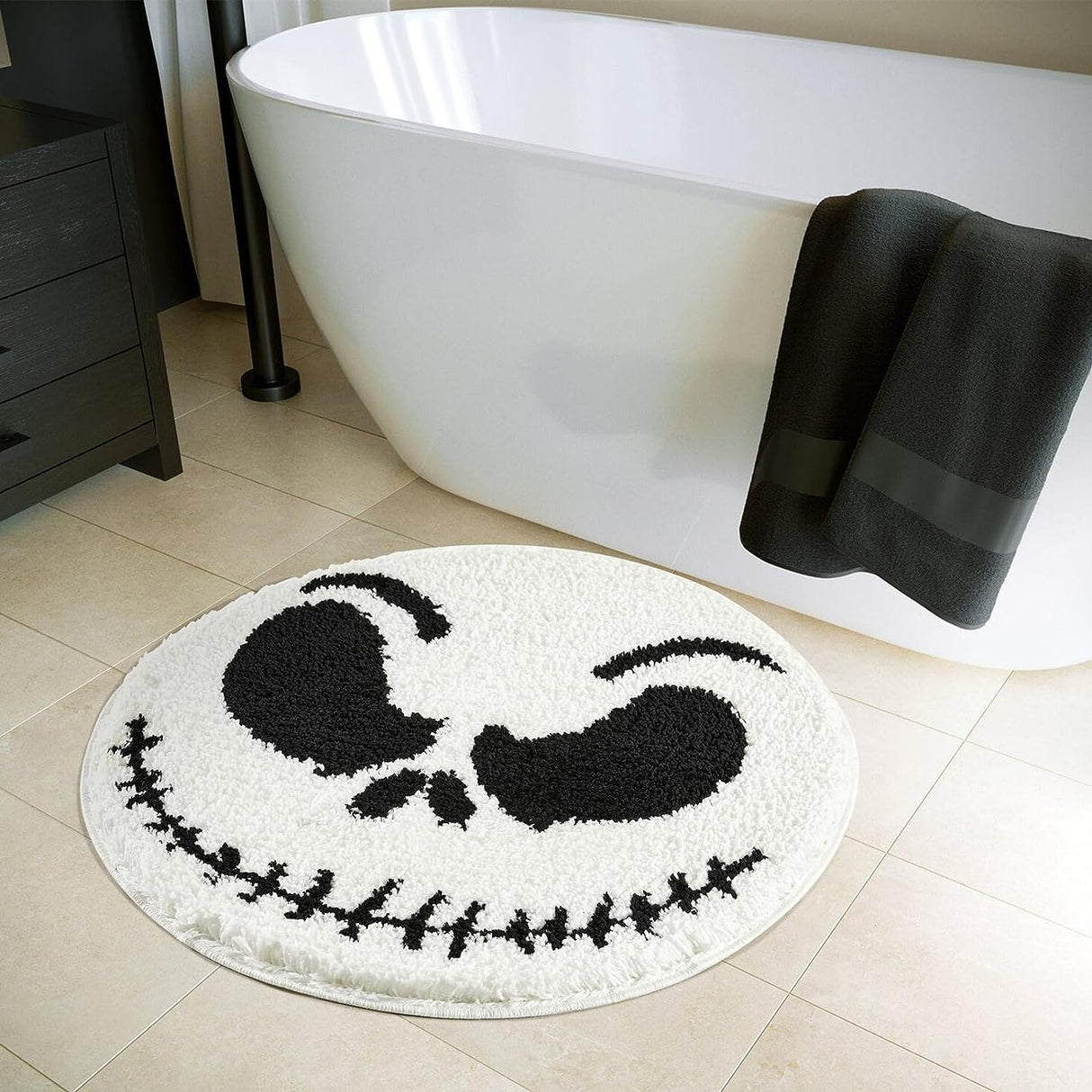 Feblilac Halloween Round Bathroom Rugs Mat 2ft, Non-Slip Machine Washable Soft Absorbent Shaggy Bath Rug The Nightmare Before Christmas Spooky Creepy Cute Halloween Bathroom Shower Floor Mat