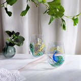 Peacock Stemless Wine Glasses Set （2 PCS tumbler peacock cup）